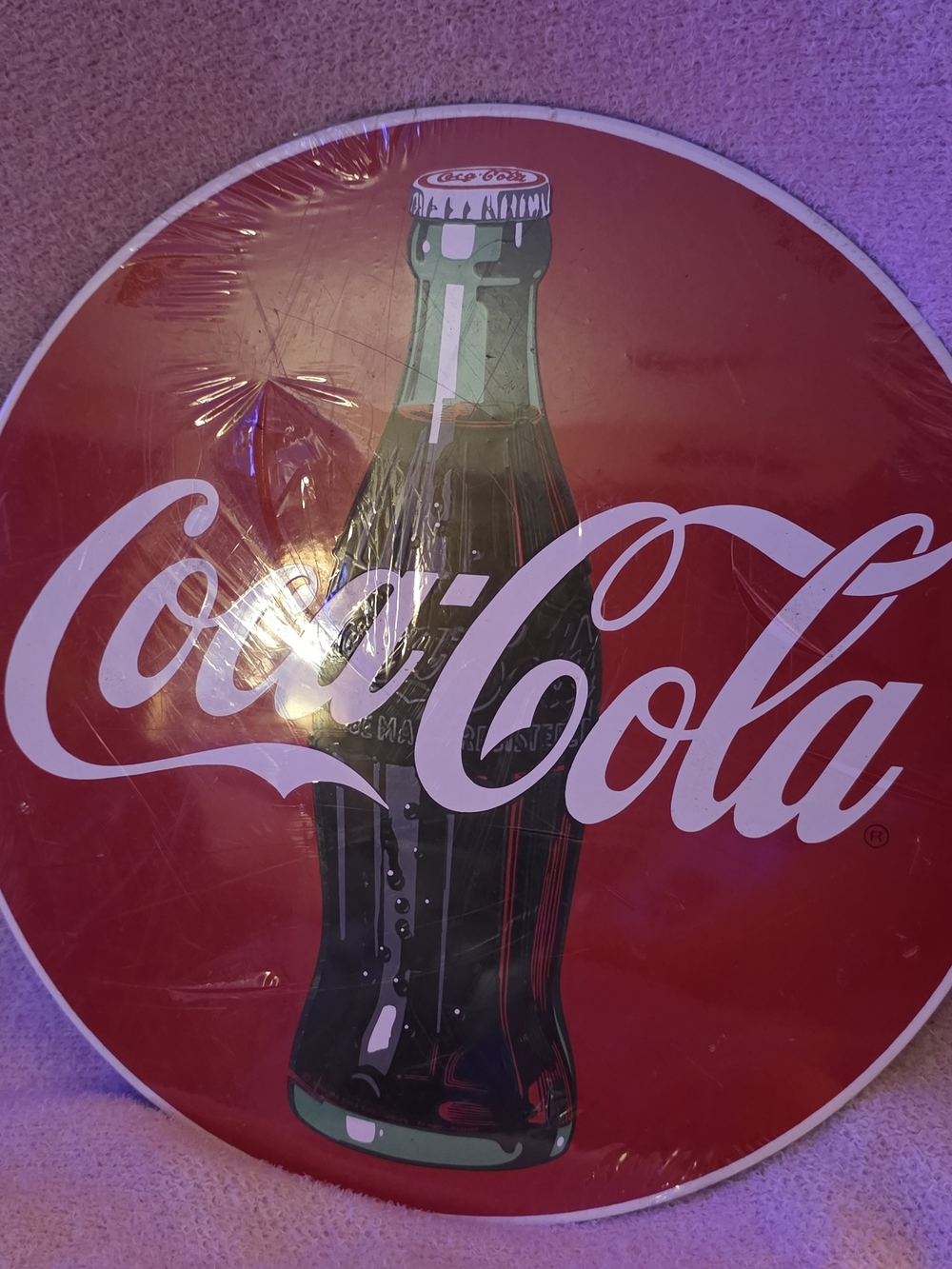 Coca Cola Red Round Sign with Green Bottle Graphic